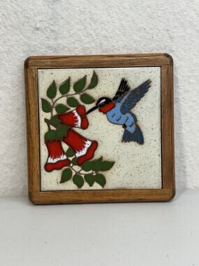 1980s Cleo Teissedre Wood-Framed Hummingbird Ceramic Trivet Tile Hand-Painted